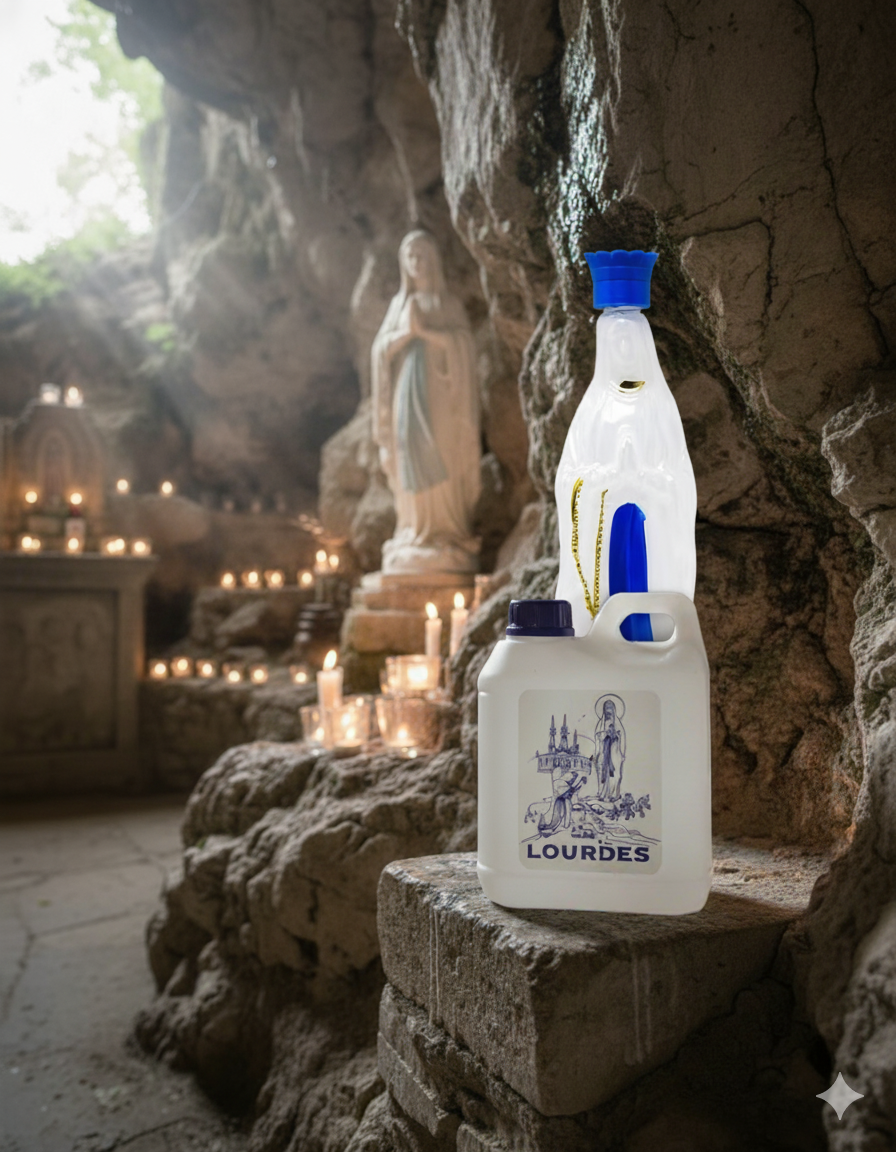 20cm Virgin Mary Statue Bottle with Lourdes Holy Water placed at the Grotto of Lourdes, France — authentic Catholic relic for home devotion