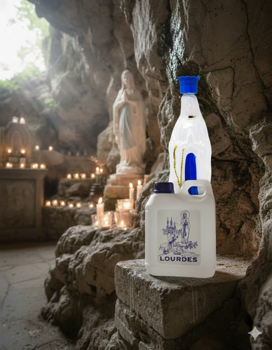 20cm Virgin Mary Statue Bottle with Lourdes Holy Water placed at the Grotto of Lourdes, France — authentic Catholic relic for home devotion