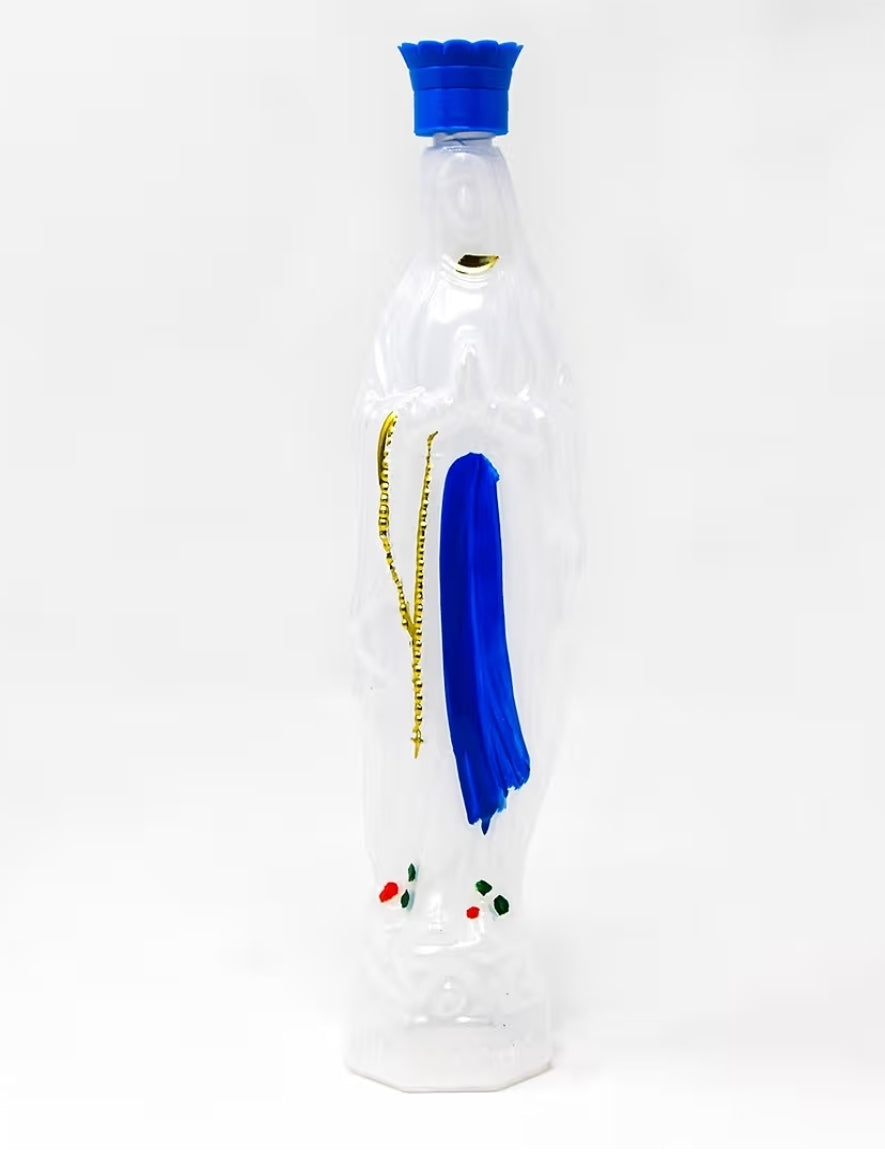 “Front view of 20cm plastic Virgin Mary statue containing 1L of genuine Lourdes Holy Water — ideal for Catholic home altars