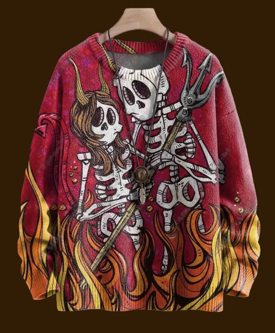 Red 3D printed Halloween sweater with skeletons and flames, perfect for a spooky night