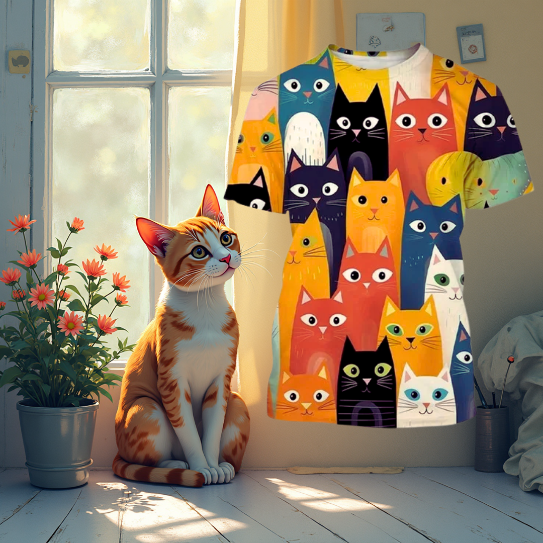 Tabby cat sitting by window next to bright cat face print t-shirt on wall