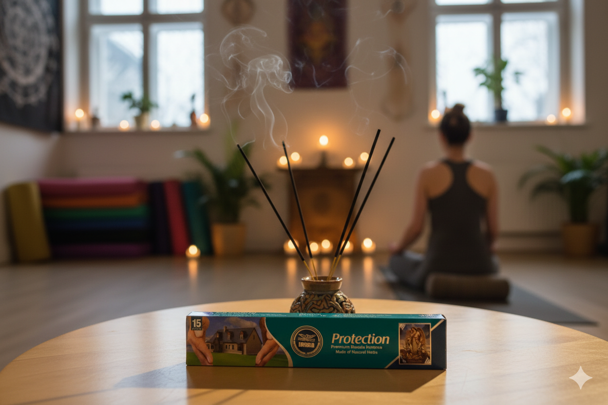 Heera Protection Premium Masala Incense Sticks box on a wooden table