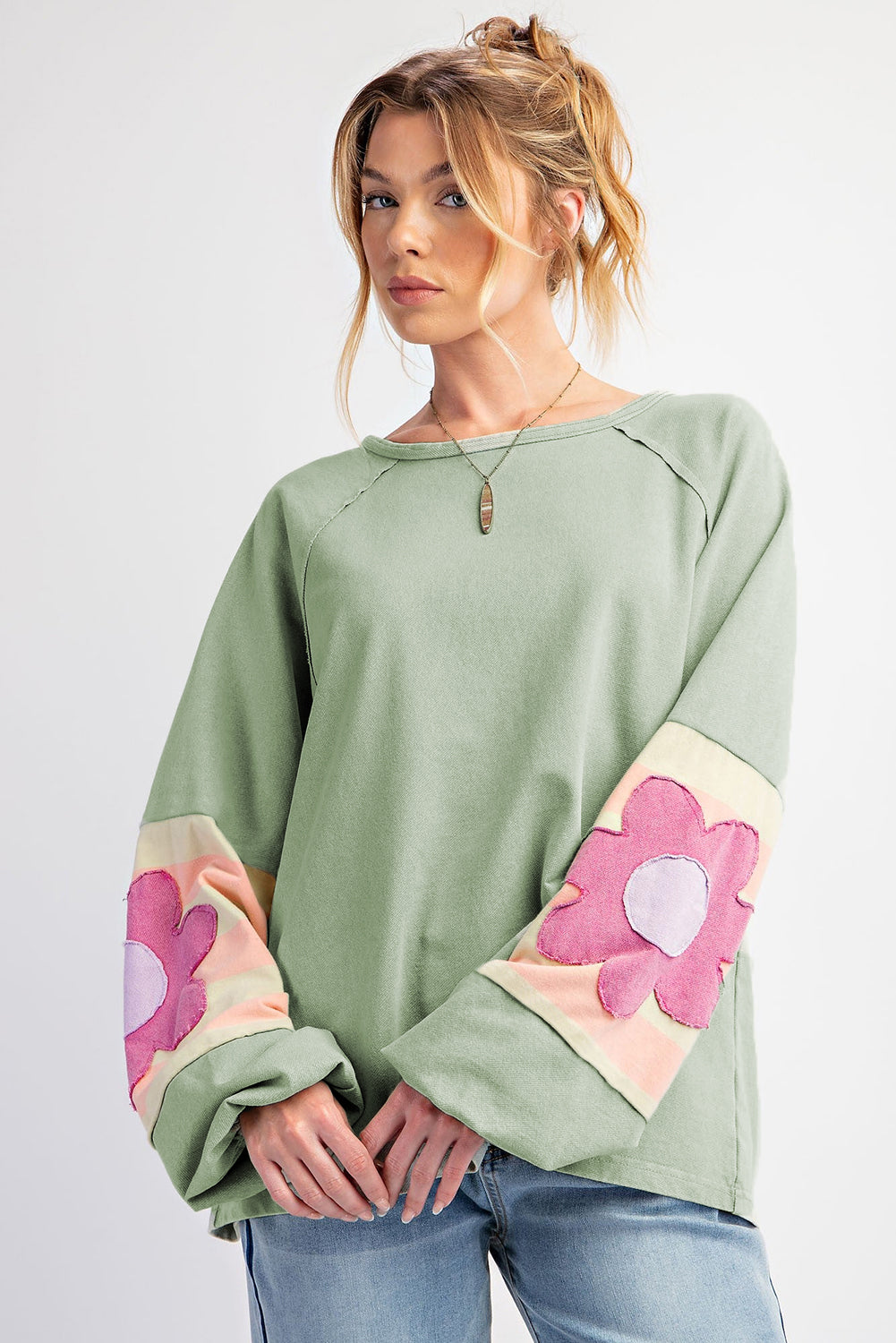 Smoke Green Floral Patchwork Raglan Sleeve Oversized Top with Exposed Seams - ALOE WINGS STORE