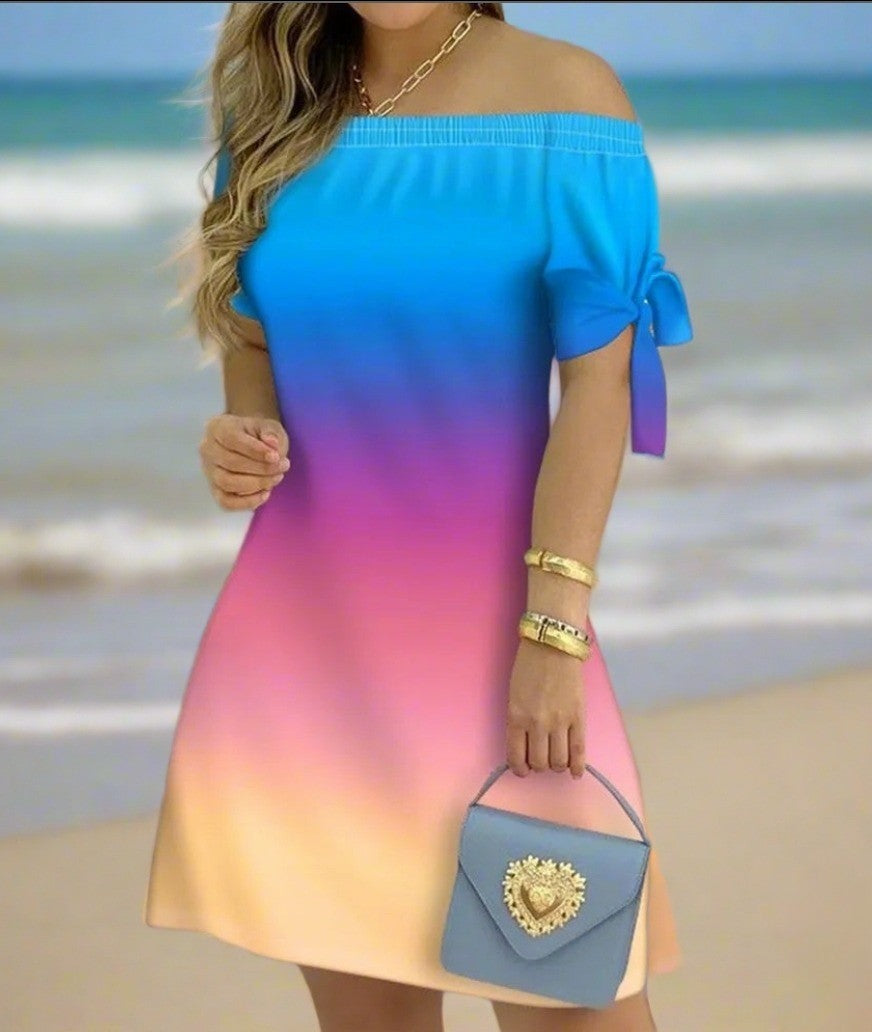 Women's Off-Shoulder Mini Dress – Casual Summer Short Sleeve Dress with Bow Detail | Elegant Relaxed Fit Party Outfit (Sizes up to 3XL)