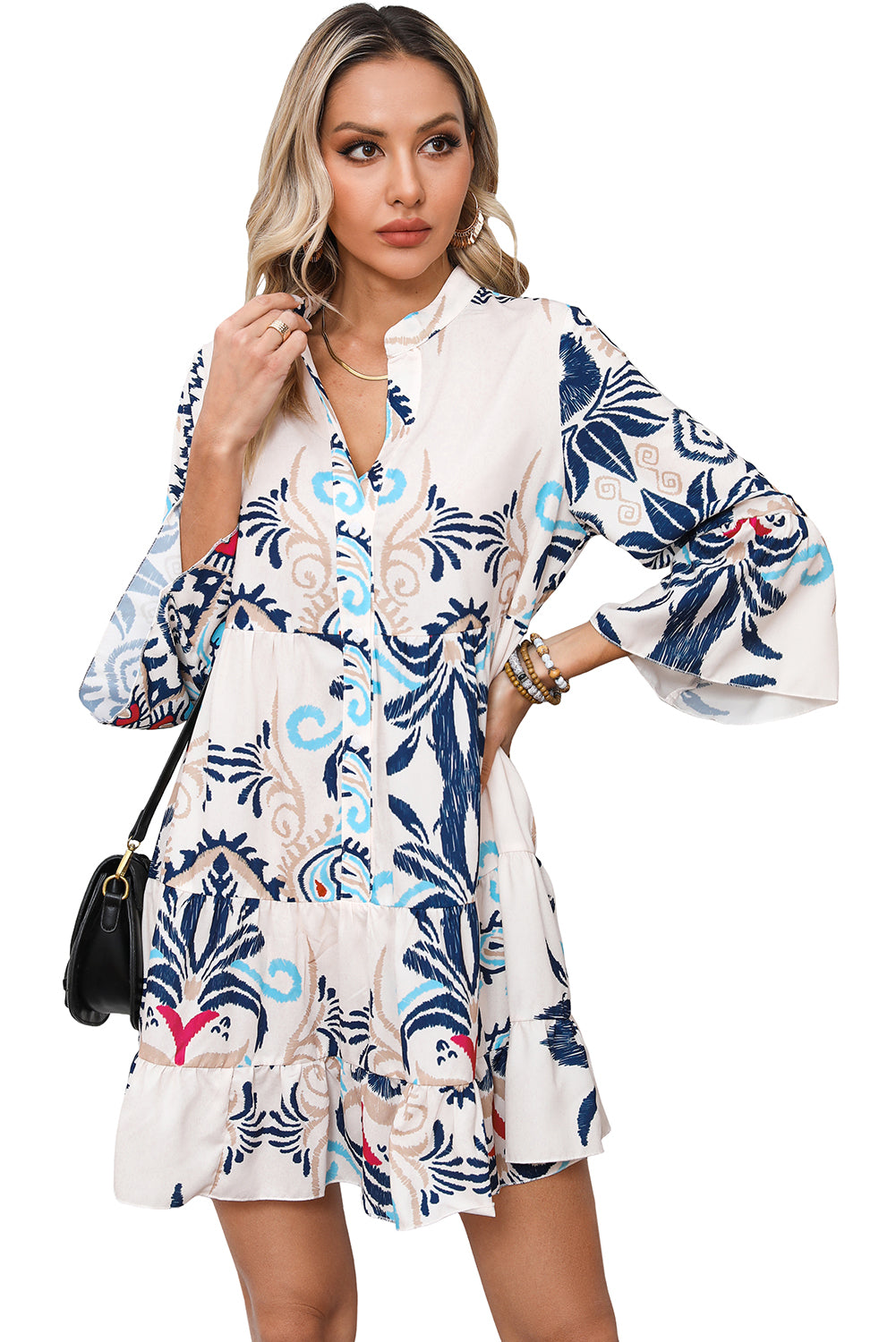 White Tribal Print Mini Dress with Buttoned Bracelet Sleeves - ALOE WINGS STORE