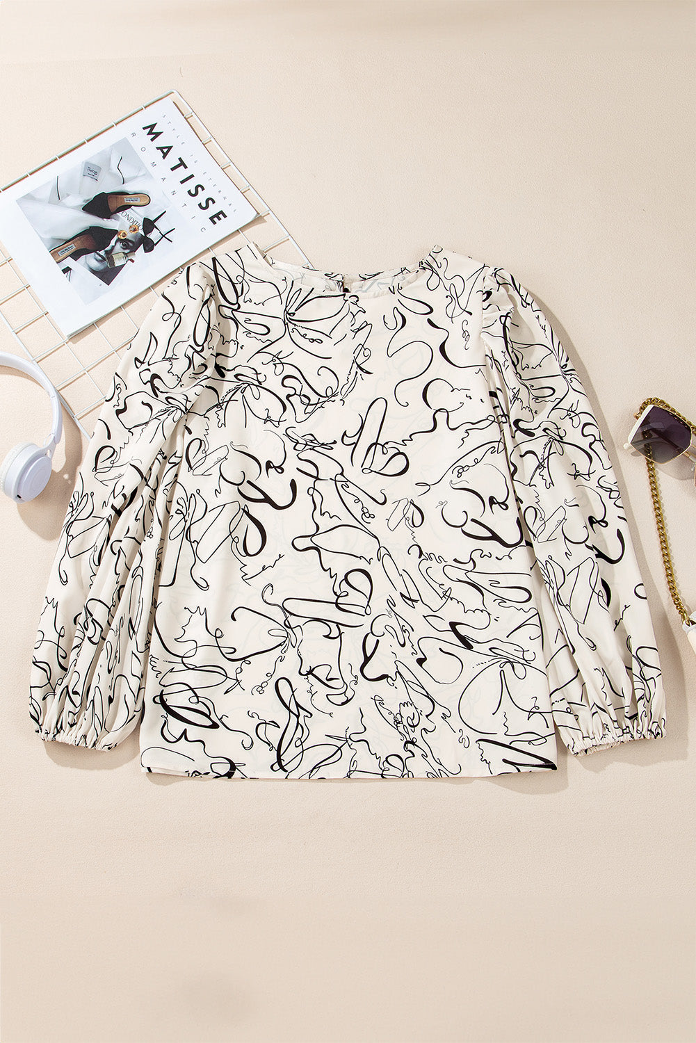 Beige Crew Neck Blouse with Abstract Print and Balloon Sleeves - ALOE WINGS STORE