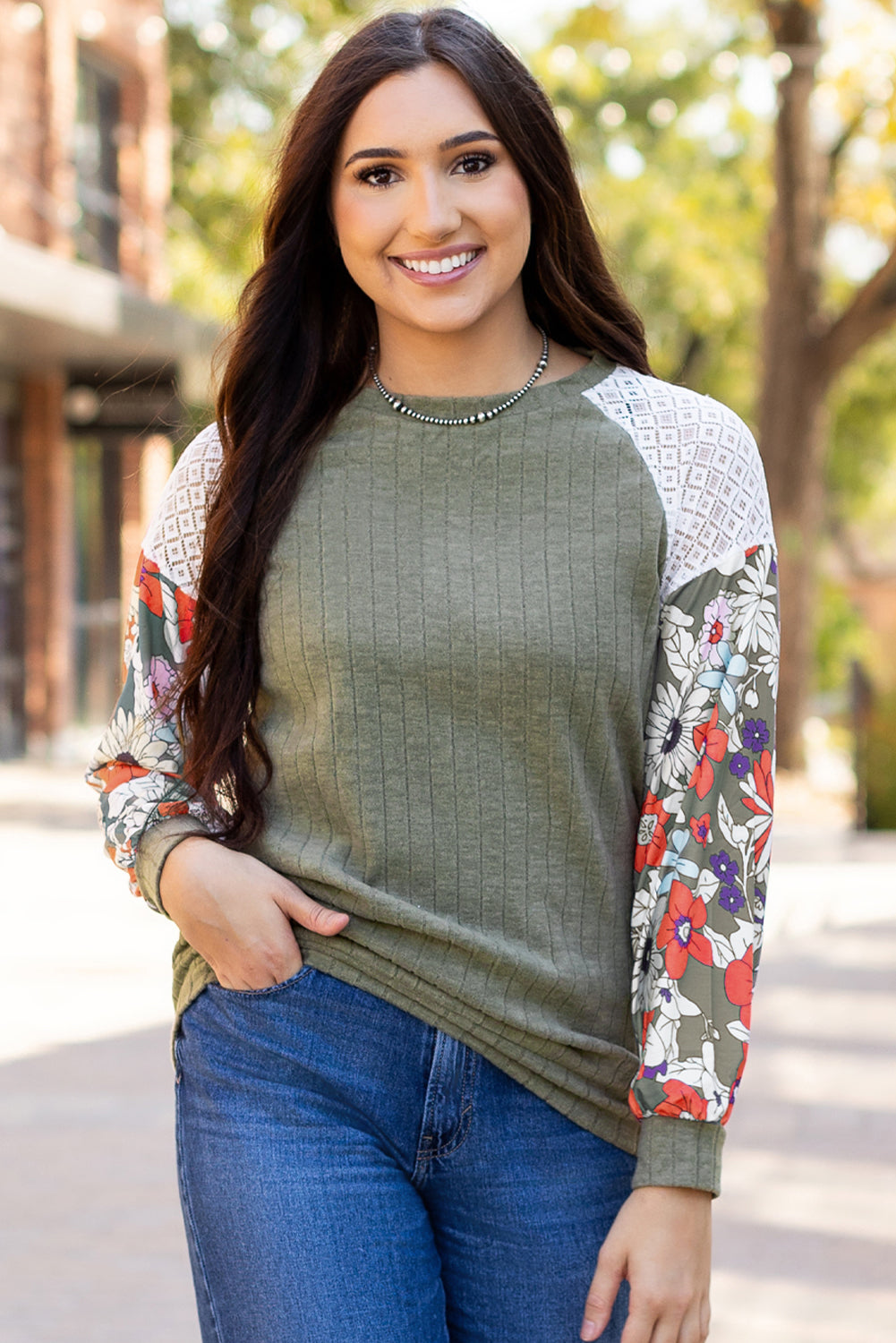 Floral Laurel Green Patchwork Ribbed Long Sleeve Top - ALOE WINGS STORE