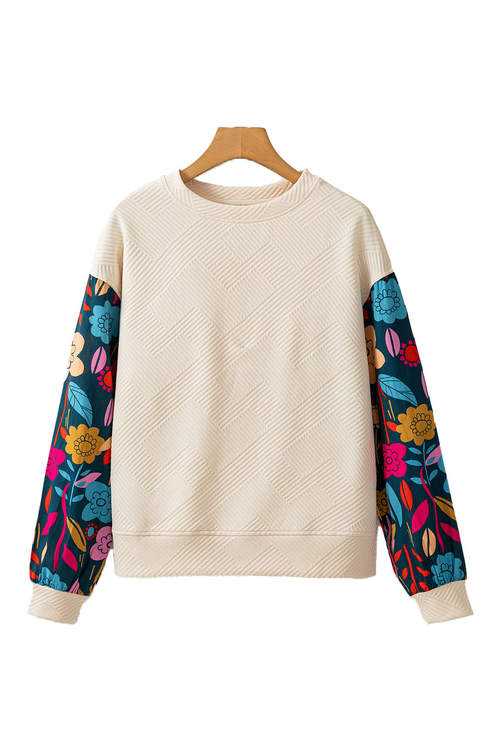 White Textured Knit Top with Contrast Floral Drop Shoulder Sleeves - ALOE WINGS STORE