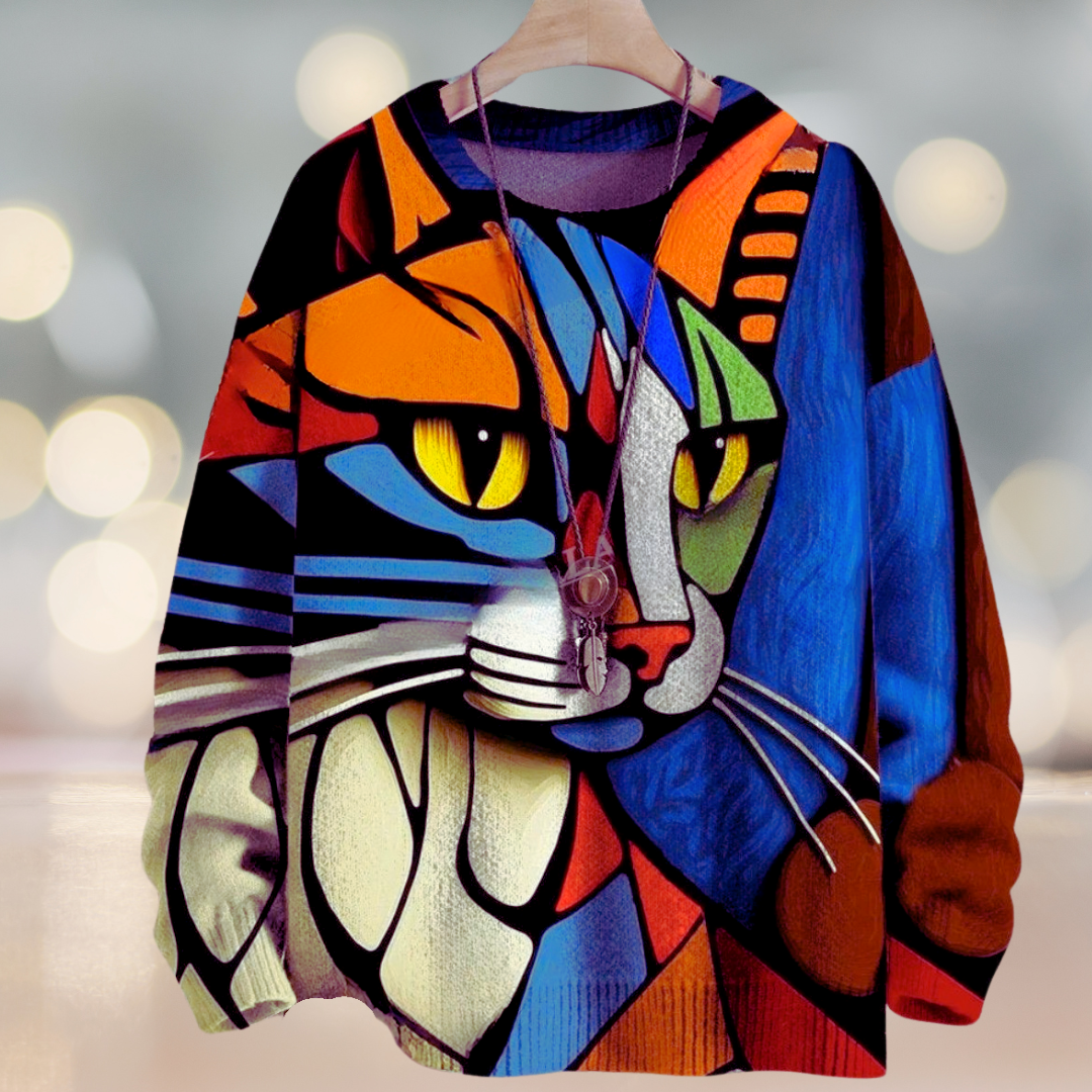 Vibrant Geometric Cat Art Sweater Collection