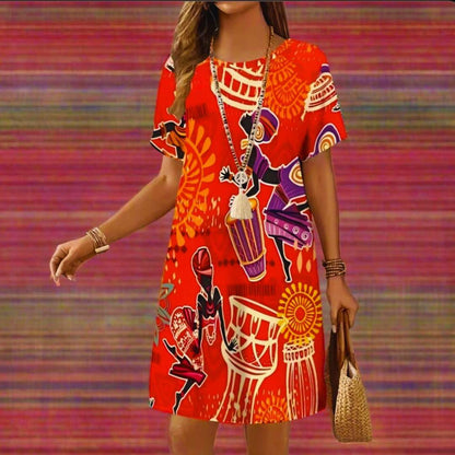 Red African Style Mini Dress – Front View with Sun Pattern
