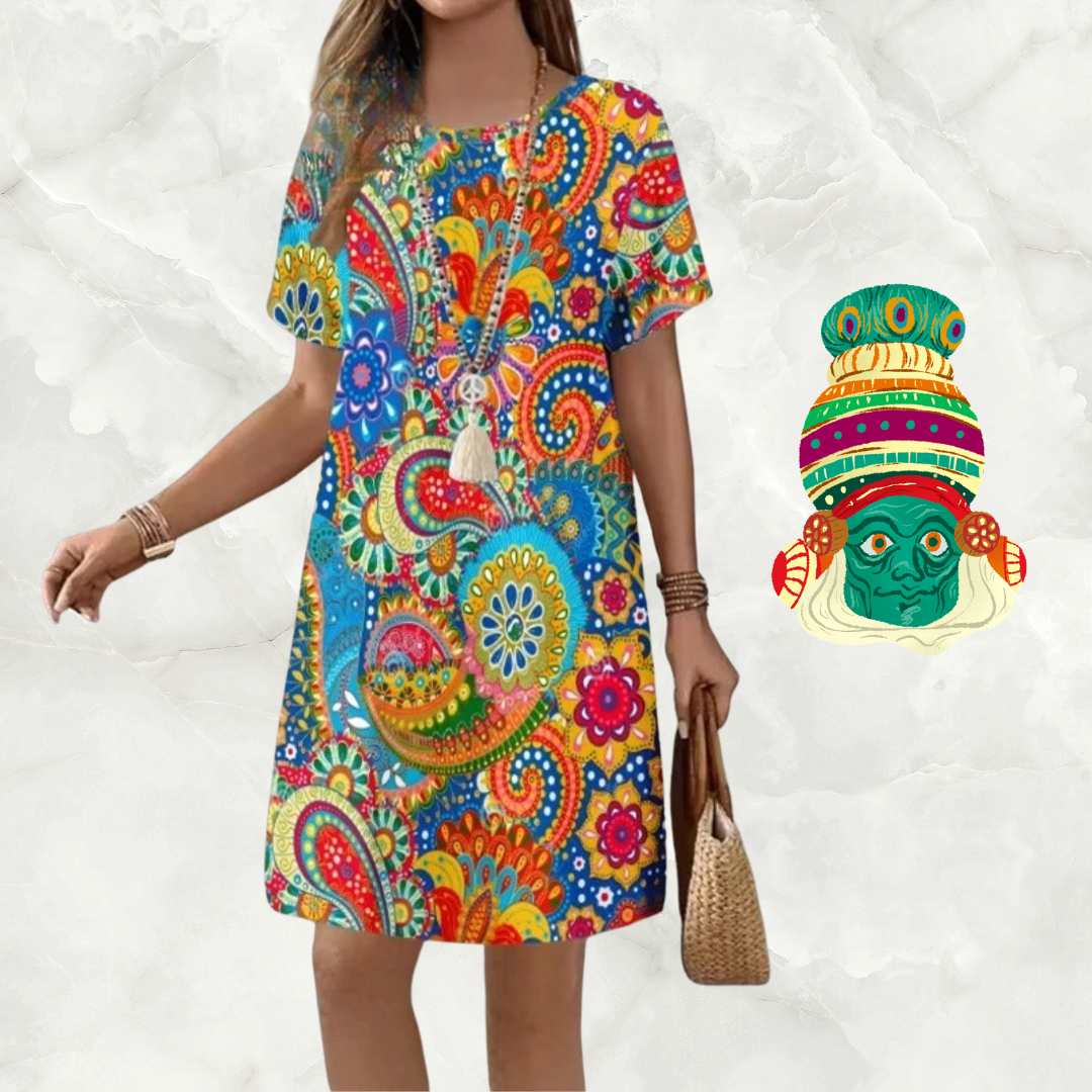 Rainbow Mandala Boho Dress – Women's Colorful Short Sleeve Dress