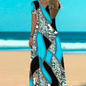 Sky Blue and Black Leopard V-Neck Maxi Dress – Flowing Summer Style