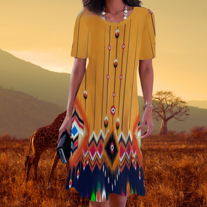 Yellow Tribal Print Mini Dress – Women’s Casual O-Neck Style