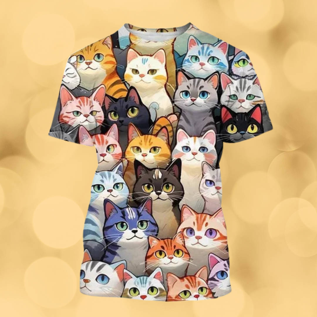 All-over cat face print t-shirt on warm golden background, casual summer top