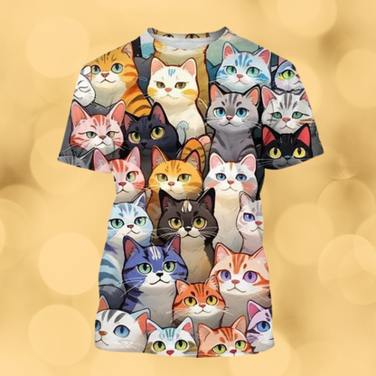 All-over cat face print t-shirt on warm golden background, casual summer top