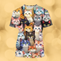 All-over cat face print t-shirt on warm golden background, casual summer top