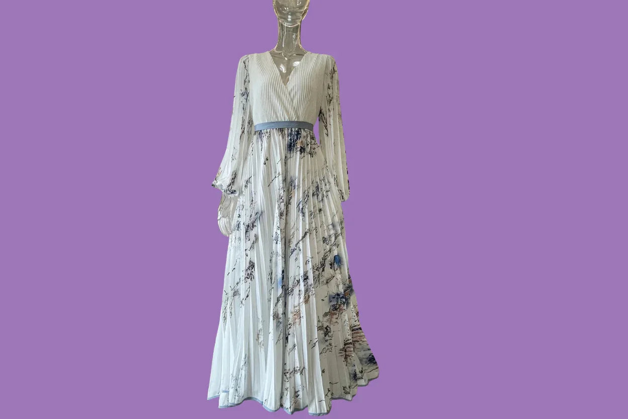 Spring Summer Boho Maxi Dress for Women – V-Neck Floral Print, Long Sleeve A-Line Swing Dress with Belt | Perfect for Beach, Wedding Guest & Vacation