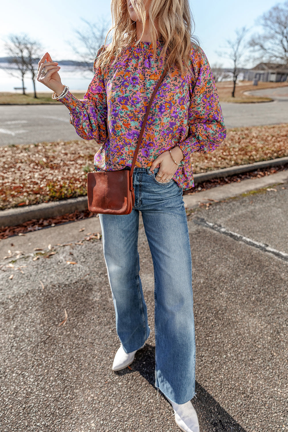 Purple Floral Print Frilled O-Neck Blouse with Shirred Cuffs - ALOE WINGS STORE