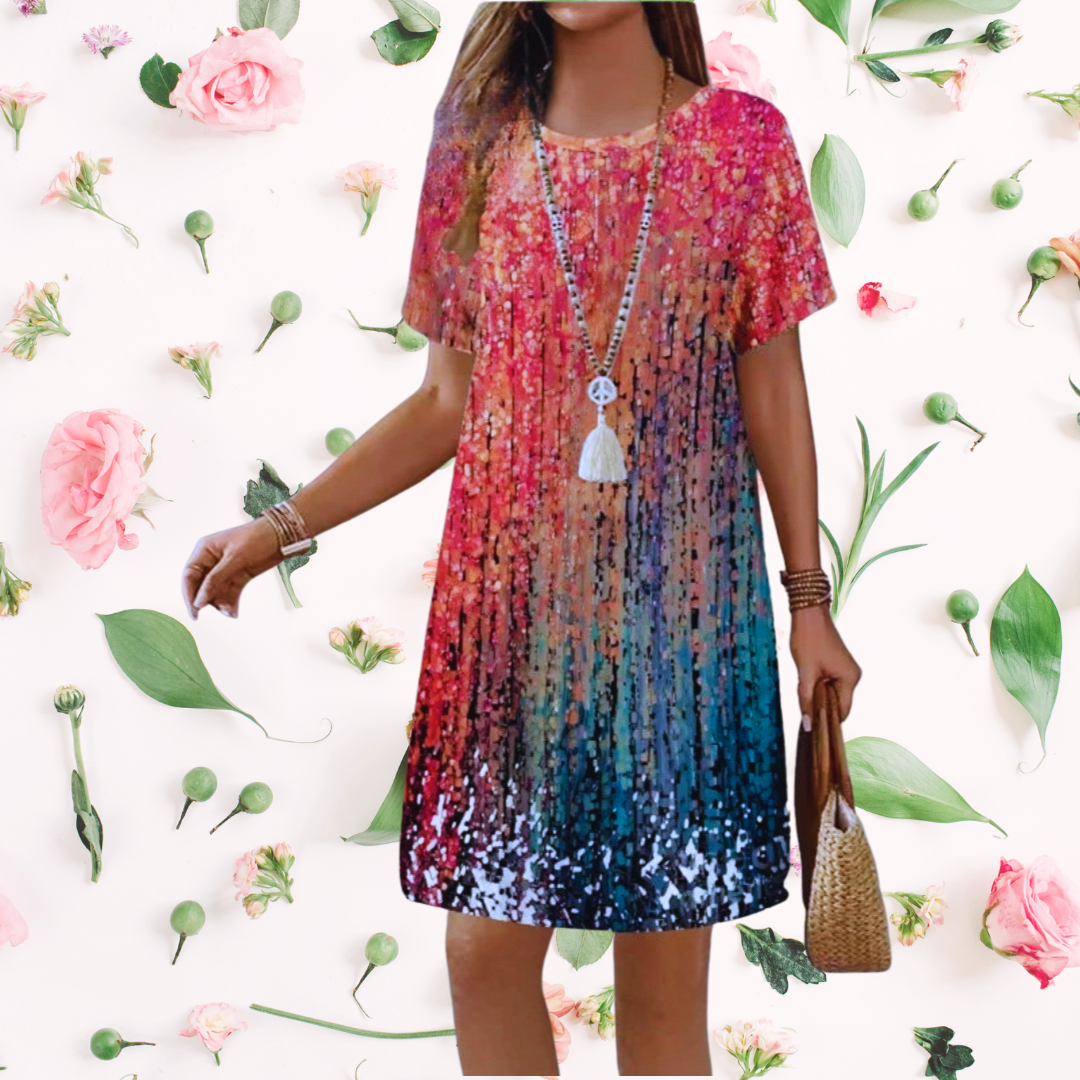 Pink Blue Gradient Print Dress – Casual O-Neck Summer Dress