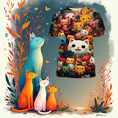 Blue, orange, and white cats in garden setting beside cat face 3D printed tee