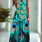 Women's Bohemian Marble Print Maxi Dresses – Sleeveless Loose A-Line Beach Resort Dresses