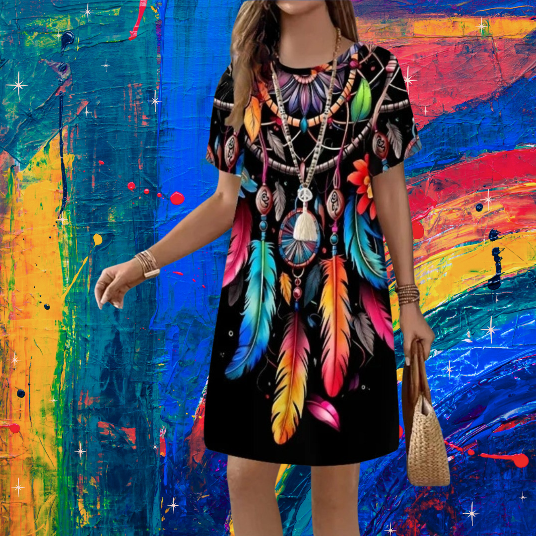 Boho Feather Print Summer Dress – Black Background