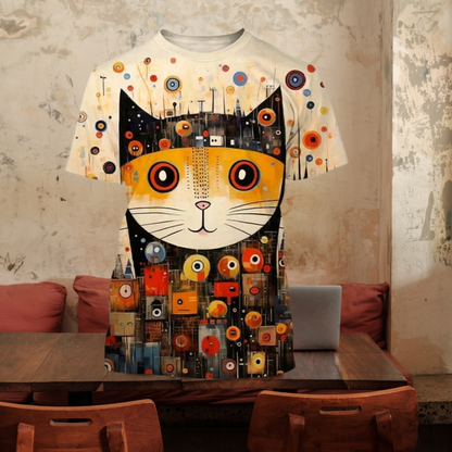 Cat face print t-shirt with large cat head design hanging in cozy living room