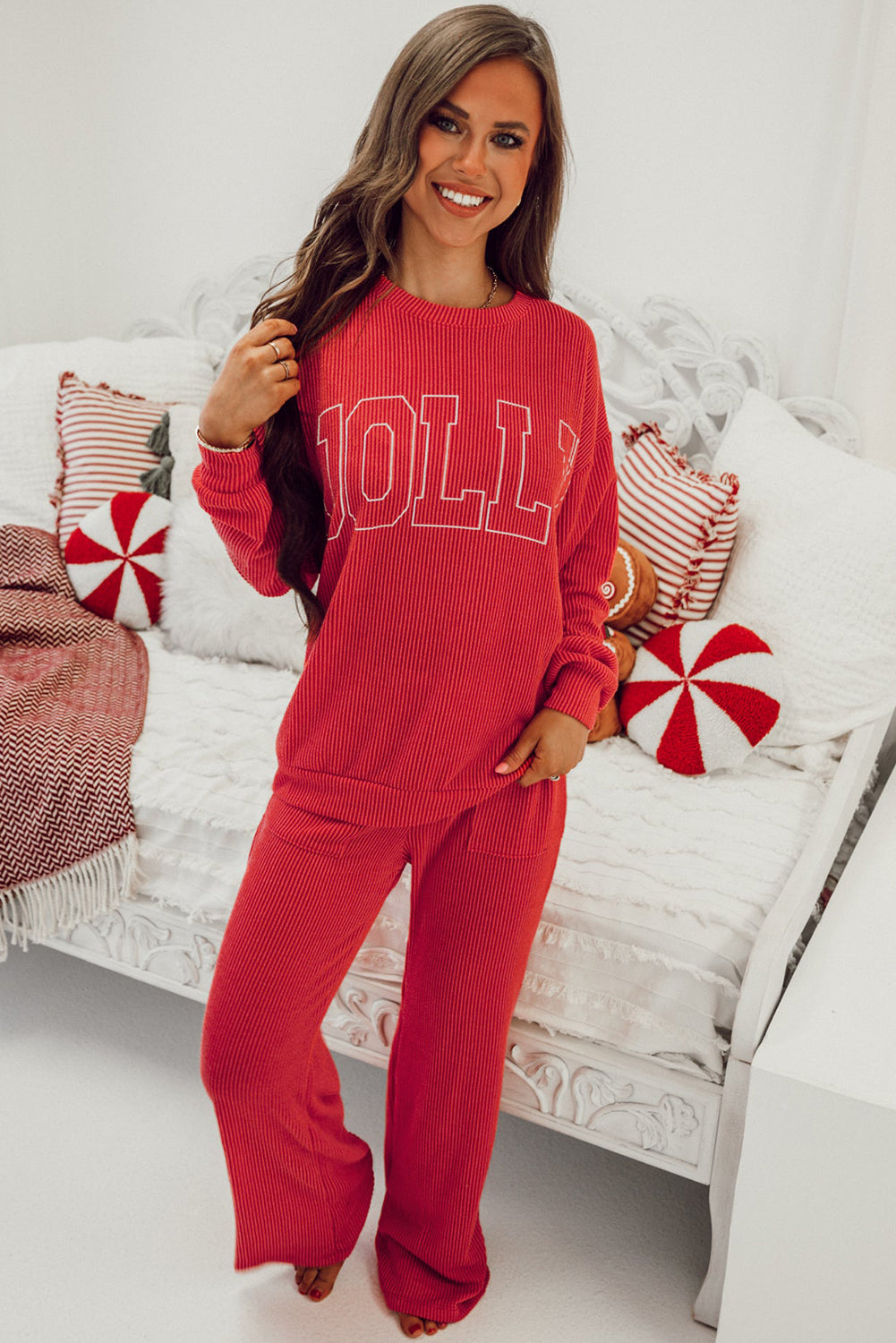 Fiery Red JOLLY Corded Long Sleeve Top and Pockets Pants Set - ALOE WINGS STORE