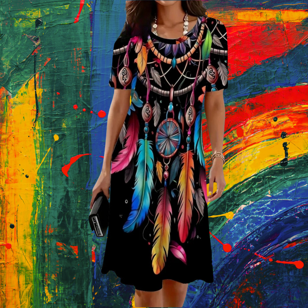 Black Feather Dreamcatcher Print Dress – Short Sleeve Mini