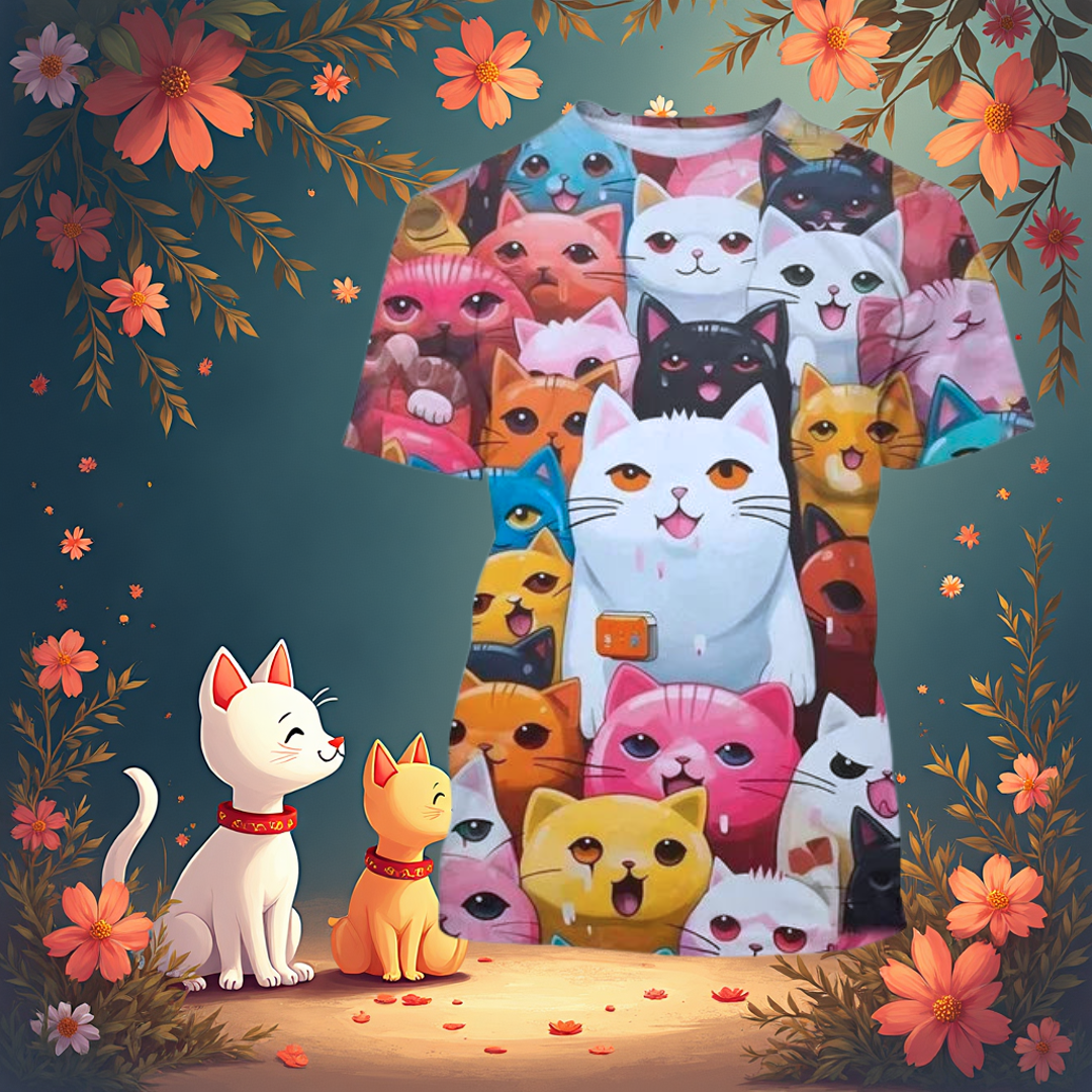 White kitten and small cat beside a floral-themed cat face print t-shirt