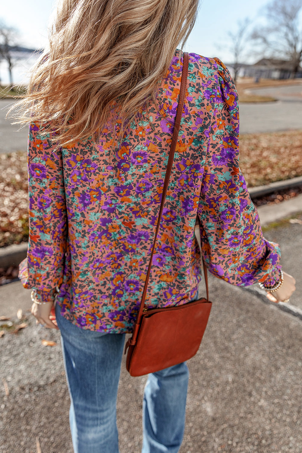 Purple Floral Print Frilled O-Neck Blouse with Shirred Cuffs - ALOE WINGS STORE