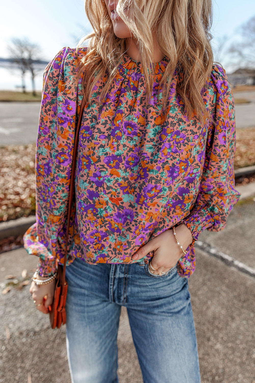 Purple Floral Print Frilled O-Neck Blouse with Shirred Cuffs - ALOE WINGS STORE