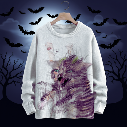 Dark blue and black sweater featuring a mystical black cat sitting beneath a vivid, star-filled cosmic night sky.