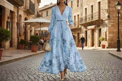 Spring Summer Boho Maxi Dress for Women – V-Neck Floral Print, Long Sleeve A-Line Swing Dress with Belt | Perfect for Beach, Wedding Guest & Vacation