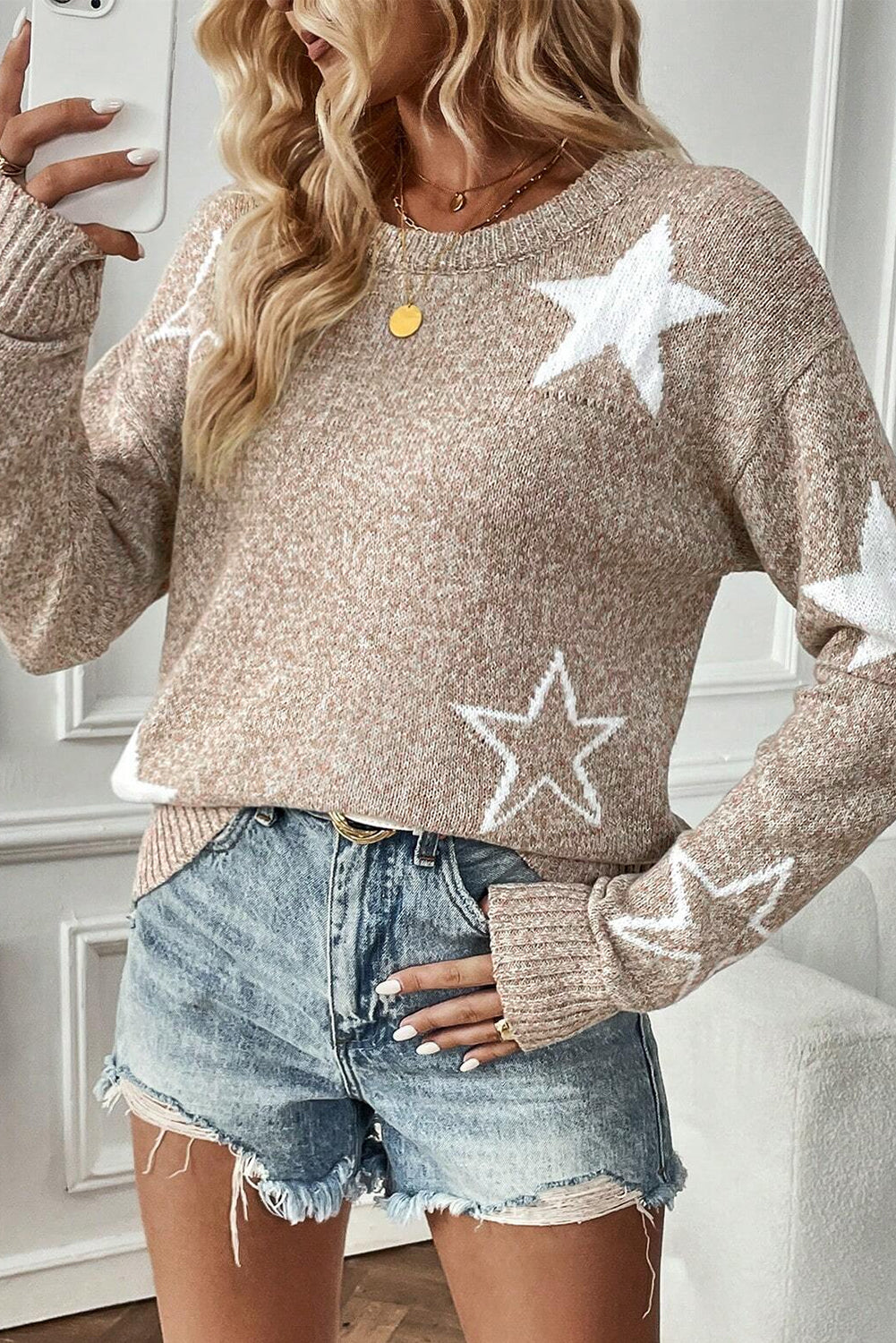 Khaki Stardust Drop Shoulder Sweater - ALOE WINGS STORE