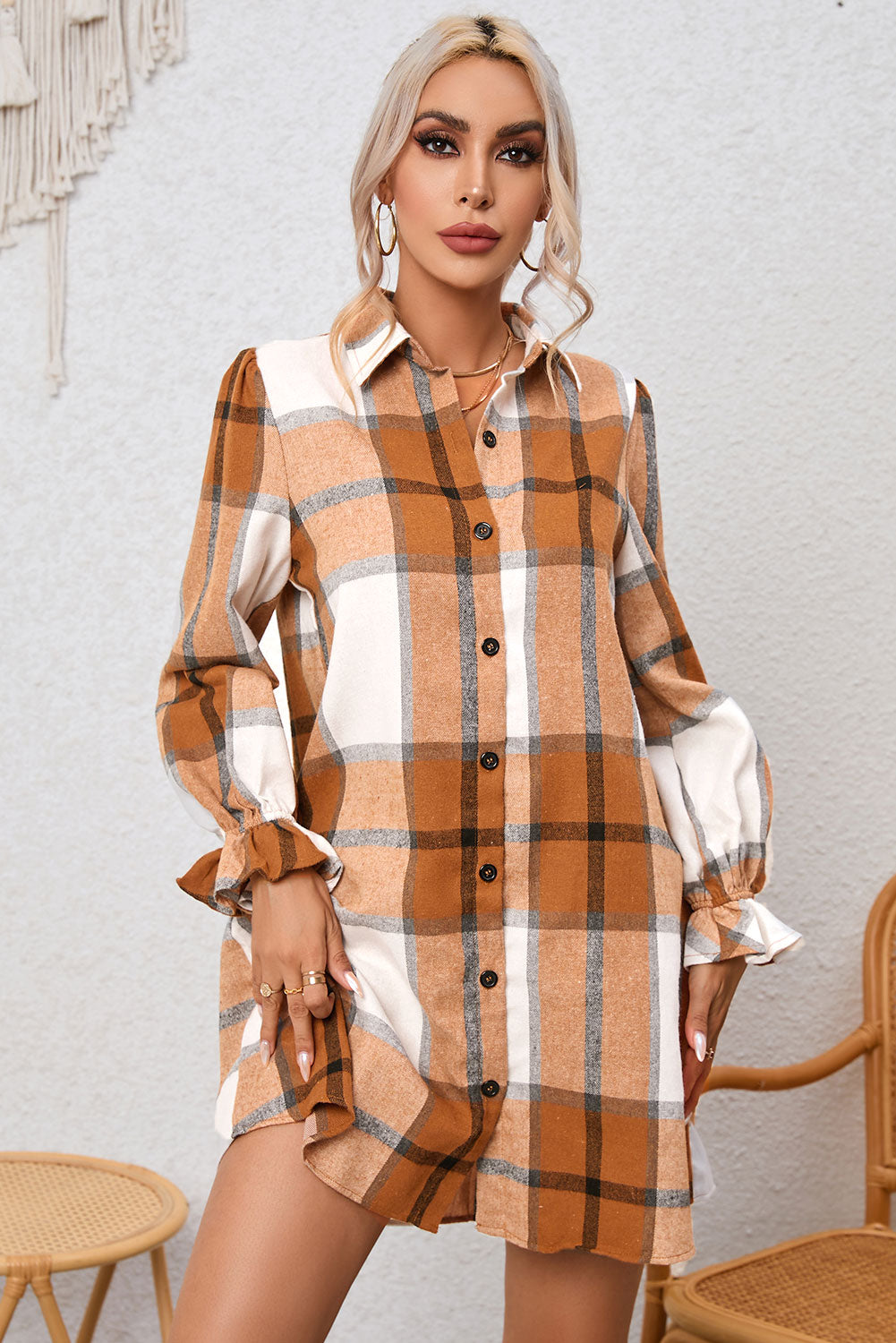 Khaki Plaid Collared Shirt Dress with Ruffled Sleeves - ALOE WINGS STORE