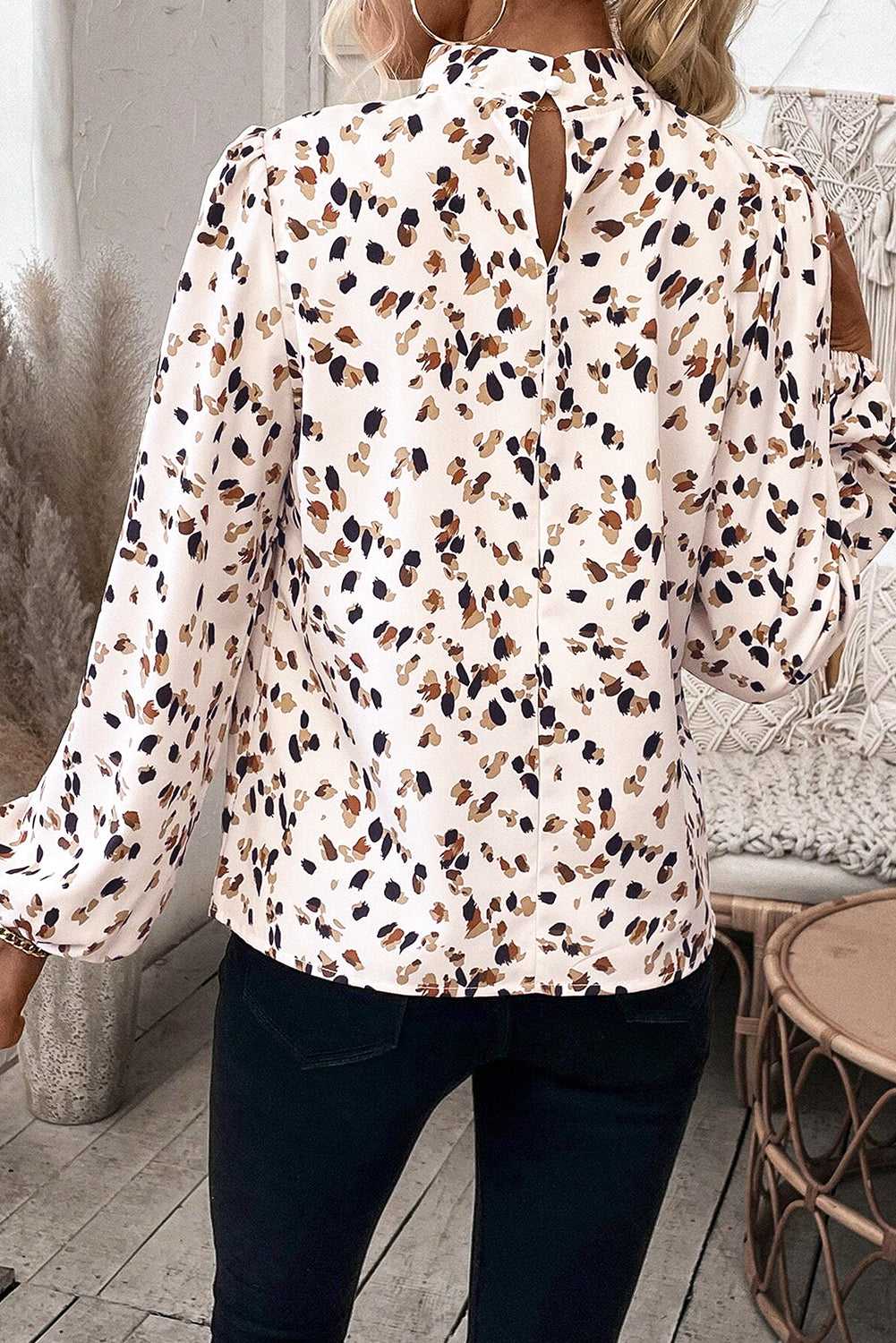 White Leopard Print Pleated Blouse with Lantern Sleeves and Mock Neck - ALOE WINGS STORE