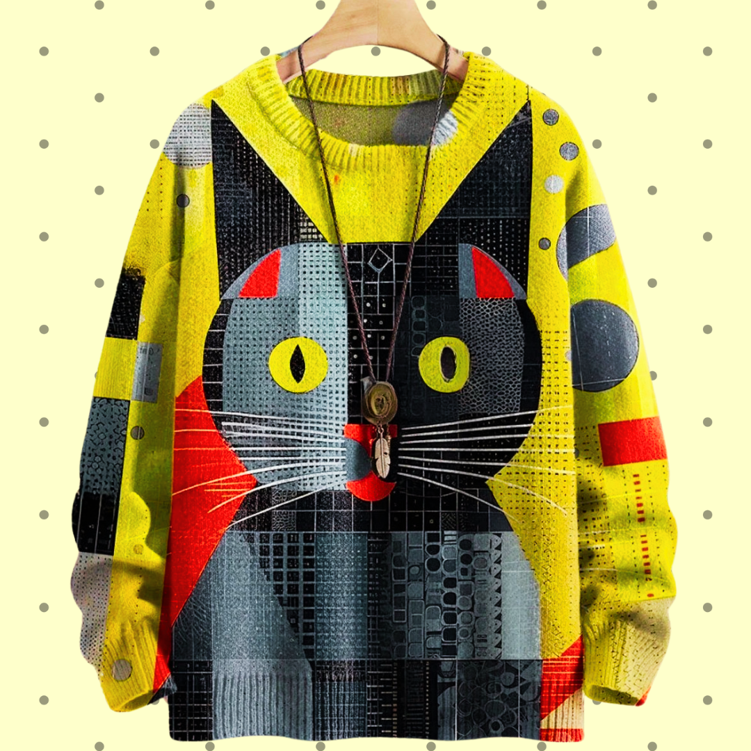 Vibrant Geometric Cat Art Sweater Collection