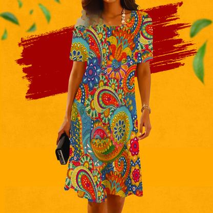 Blue Mandala Print Dress – Loose Fit Short Sleeve Style