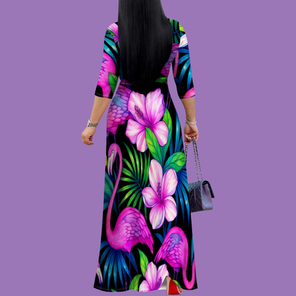 Tropical Flamingo Floral Wrap Dress for Women – Vibrant Summer Maxi Dresses – S-3XL