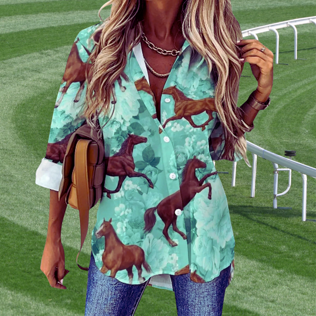 Horse Print Blouses for Women – Loose Fit Long Sleeve Casual Shirts | Spring, Autumn Office Chic Top with Button Front | Animal Print Polyester Tunics