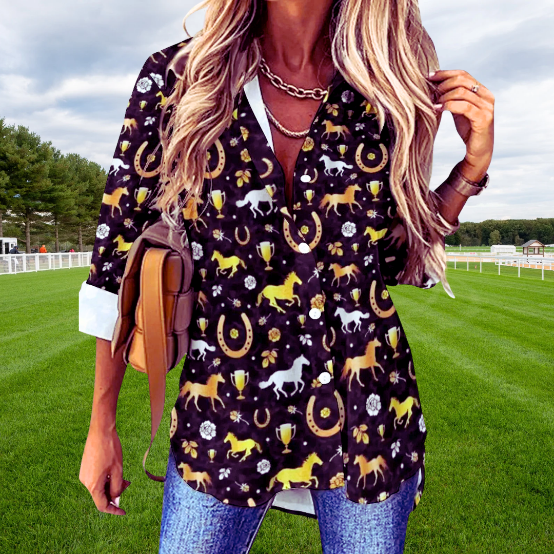 Horse Print Blouses for Women – Loose Fit Long Sleeve Casual Shirts | Spring, Autumn Office Chic Top with Button Front | Animal Print Polyester Tunics