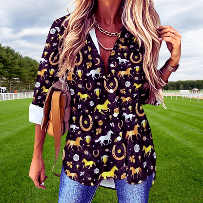 Horse Print Blouses for Women – Loose Fit Long Sleeve Casual Shirts | Spring, Autumn Office Chic Top with Button Front | Animal Print Polyester Tunics