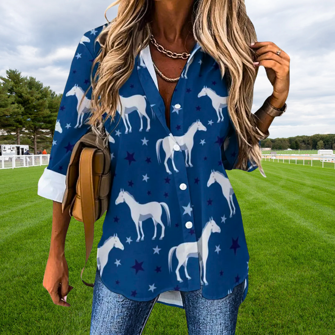 Horse Print Blouses for Women – Loose Fit Long Sleeve Casual Shirts | Spring, Autumn Office Chic Top with Button Front | Animal Print Polyester Tunics
