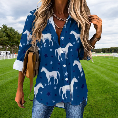 Horse Print Blouses for Women – Loose Fit Long Sleeve Casual Shirts | Spring, Autumn Office Chic Top with Button Front | Animal Print Polyester Tunics