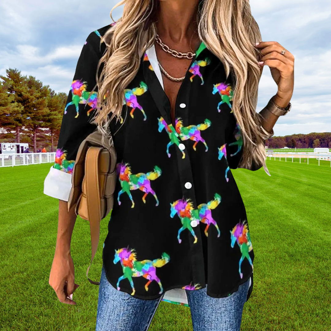 Horse Print Blouses for Women – Loose Fit Long Sleeve Casual Shirts | Spring, Autumn Office Chic Top with Button Front | Animal Print Polyester Tunics