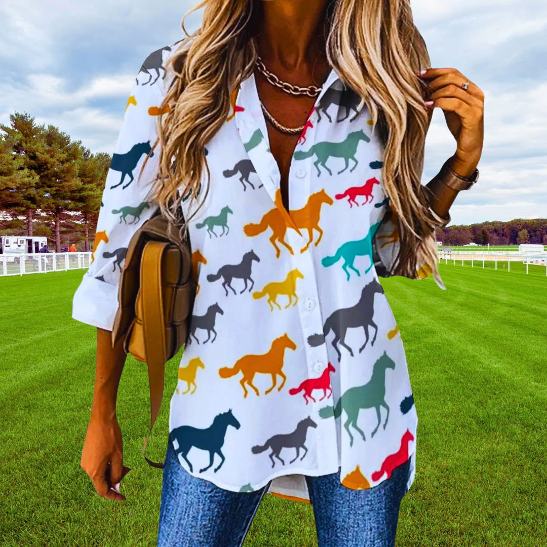 Horse Print Blouses for Women – Loose Fit Long Sleeve Casual Shirts | Spring, Autumn Office Chic Top with Button Front | Animal Print Polyester Tunics