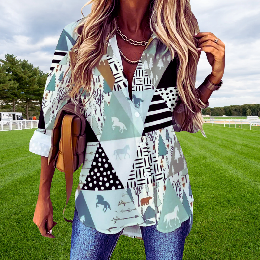 Horse Print Blouses for Women – Loose Fit Long Sleeve Casual Shirts | Spring, Autumn Office Chic Top with Button Front | Animal Print Polyester Tunics