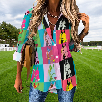 Horse Print Blouses for Women – Loose Fit Long Sleeve Casual Shirts | Spring, Autumn Office Chic Top with Button Front | Animal Print Polyester Tunics