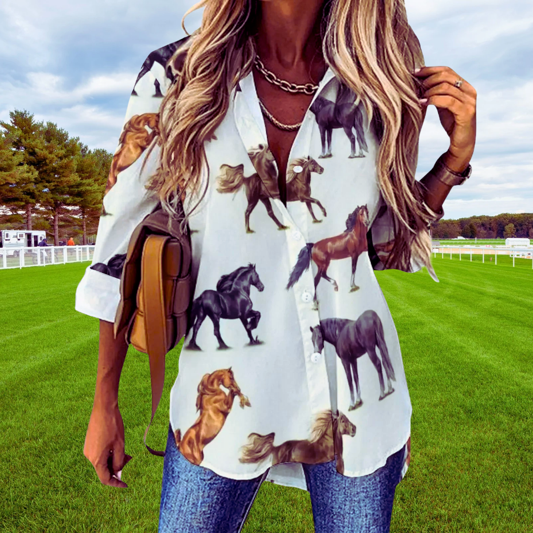Horse Print Blouses for Women – Loose Fit Long Sleeve Casual Shirts | Spring, Autumn Office Chic Top with Button Front | Animal Print Polyester Tunics